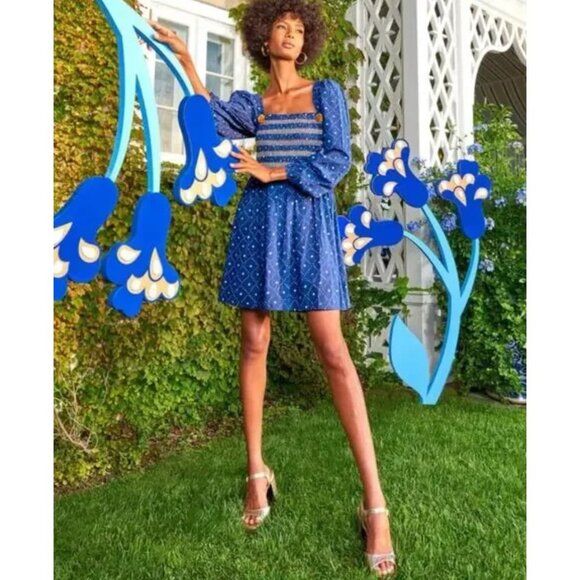 Figue Peony Kizzy Mini Dress Smocked Pom Pom Bandana Print Blue Small - Picture 2 of 13